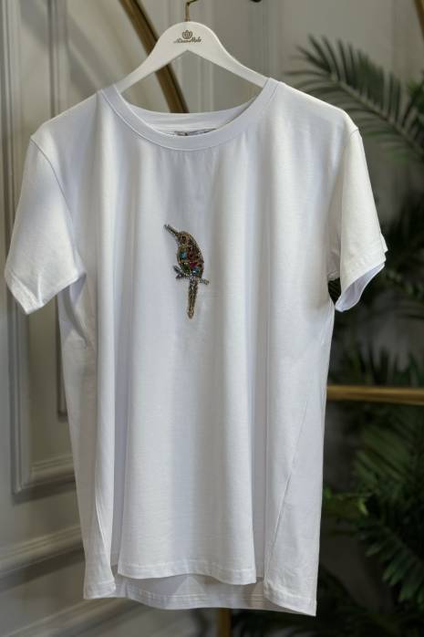 CHD58 Önü Kuş Baskılı Yarım Kollu Tişört Beyaz