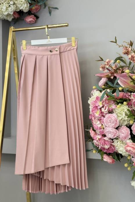 S5653 Plisoley Detaylı Gold Düğmeli Etek Pembe