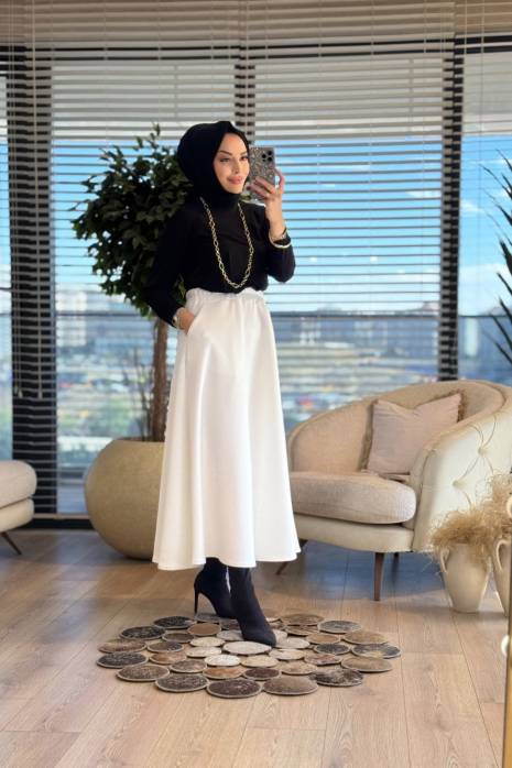 6264 Scuba Cepli Kloş Etek Ekru